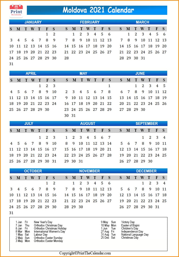 Moldova Calendar 2021
